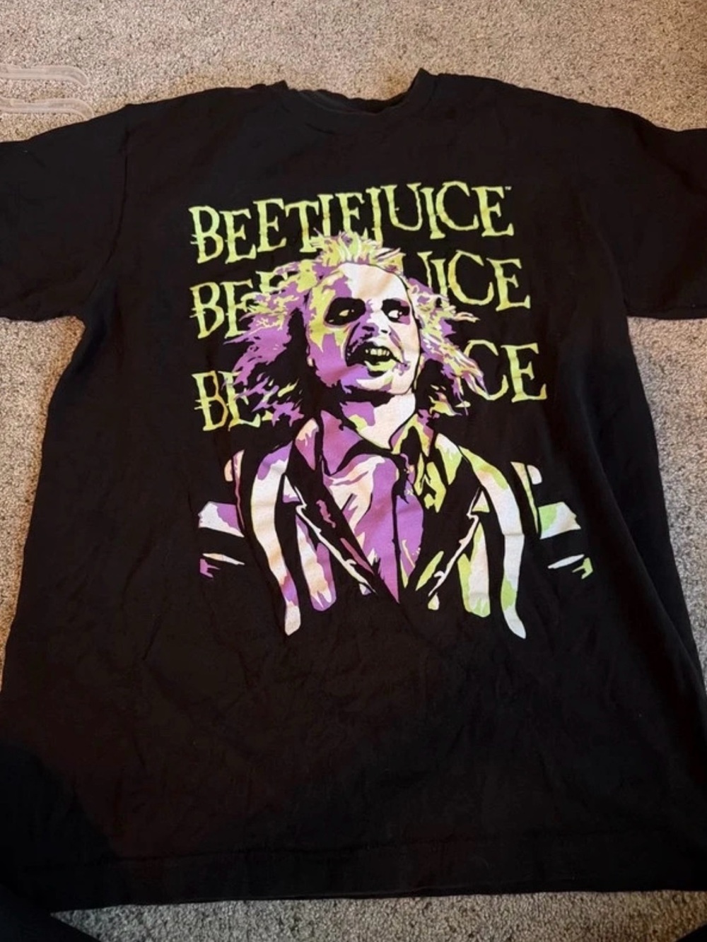 Beetlejuice Graphic Black T-Shirt with Neon Purple and Lime Print